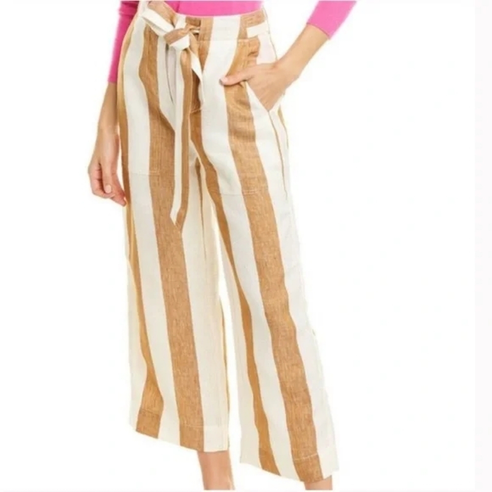 J. Crew Linen Wide-Leg Tie-Waist Stripe Pants in Tan & White Sz 12 Belted New